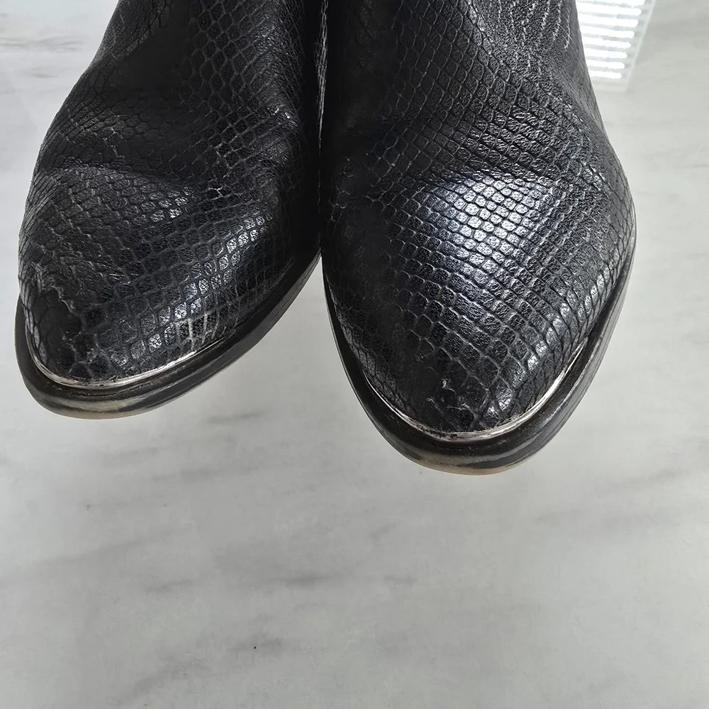Franco Sarto Booties Women 9M Brooks Black Ankle Zip Snake Embossed Block Heel